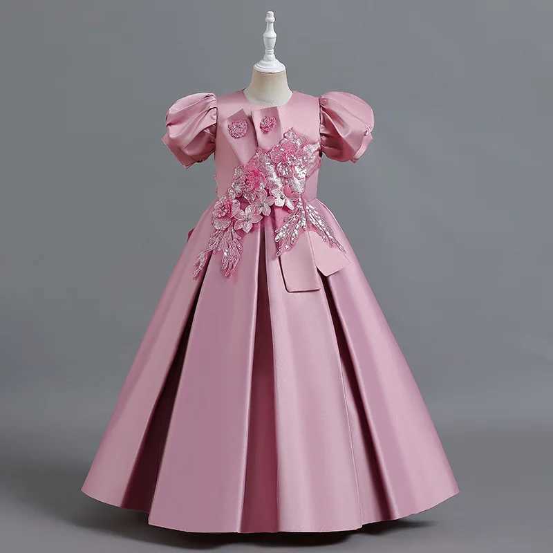 New Girls Satin Handmade Beaded Puffy Princess Bubble Sleeve Piano Host Birthday Performance Par Birthday DressXJ250108