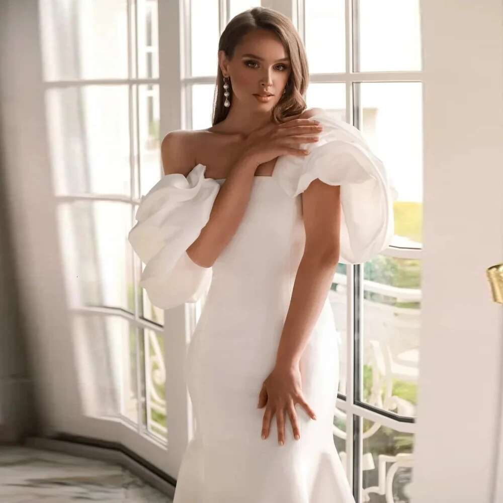 Ruched Short Sleeves Bridal Dresses with Wrap Off the Shoulder Mermaid Wedding Gowns Satin Remove Cape Vestidos De Novia