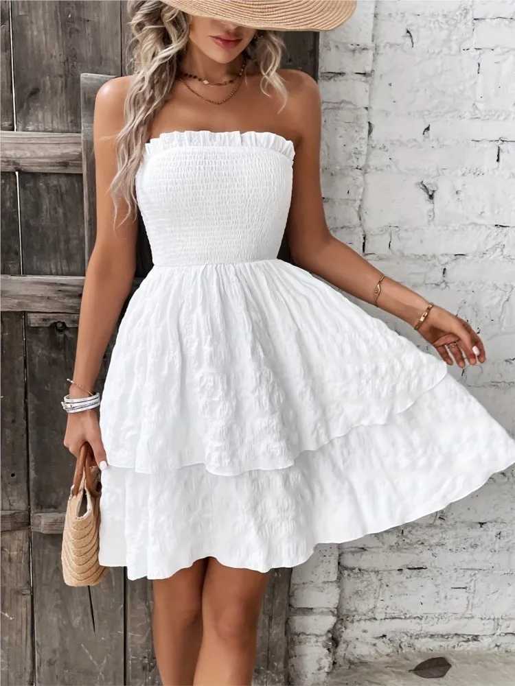Sexy backless and strapless mini womens new summer fashion white and black casual sleeveless Bohemian beach holiday A-line dress M250109