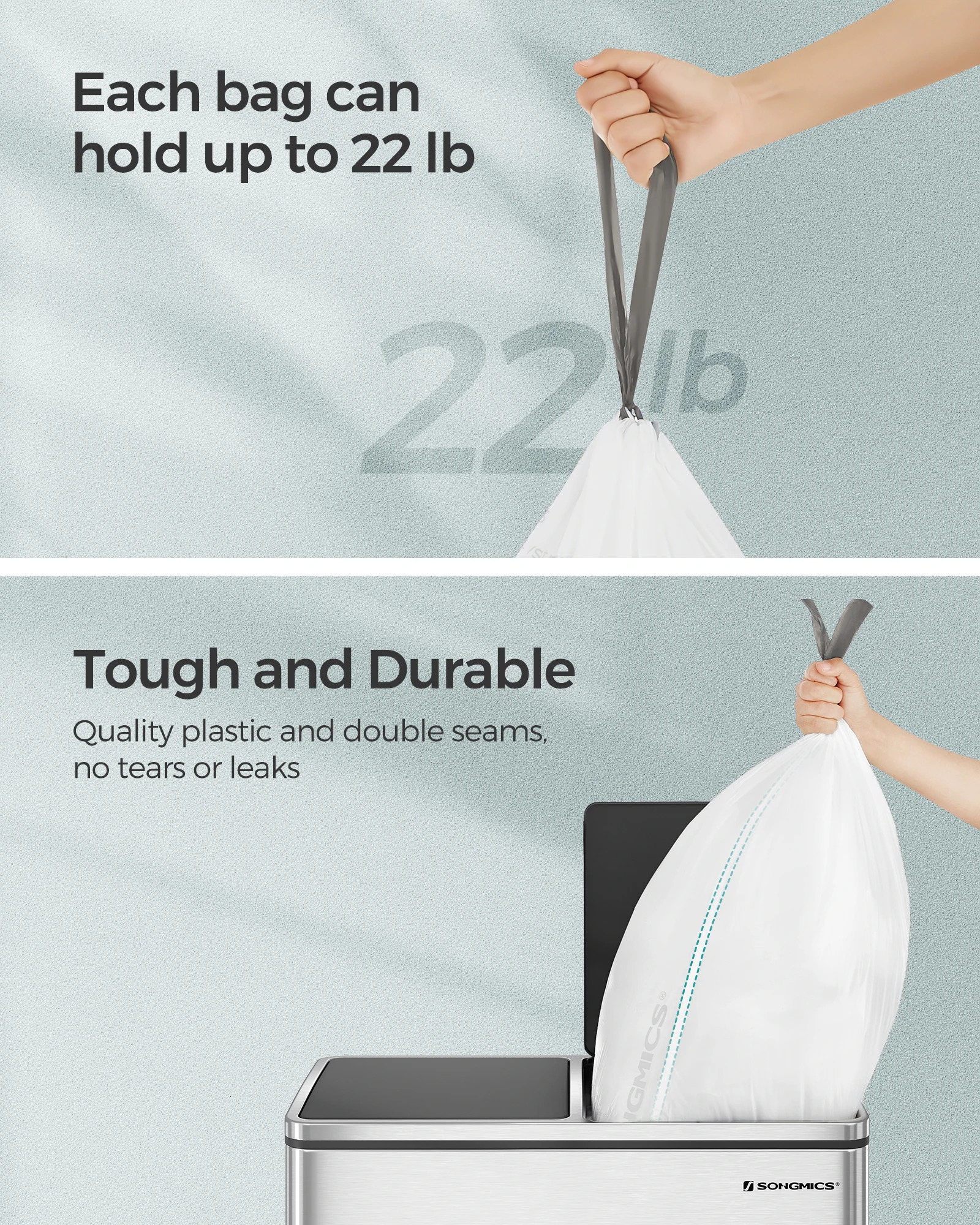 SONGMICS Trash Bags for 8-Gallon 30L Trash Cans 90 Count Drawstring Kitchen Garbage Bags Pre-Separated Liner Code 30A 250106