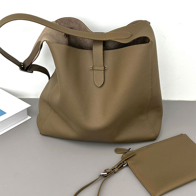 Cowhide Bucket Bag Soft Genuine Leather Design Casual Large Capacity Tote Women High End Hobo Handbag Shoulder Lady