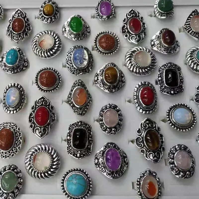 Wholesale 10Pcs/Lot Natural Stone Rings For Women/Men Mix Style Vintage Carved Silver Plated Ring Fashion Party Jewelry Gift 250106