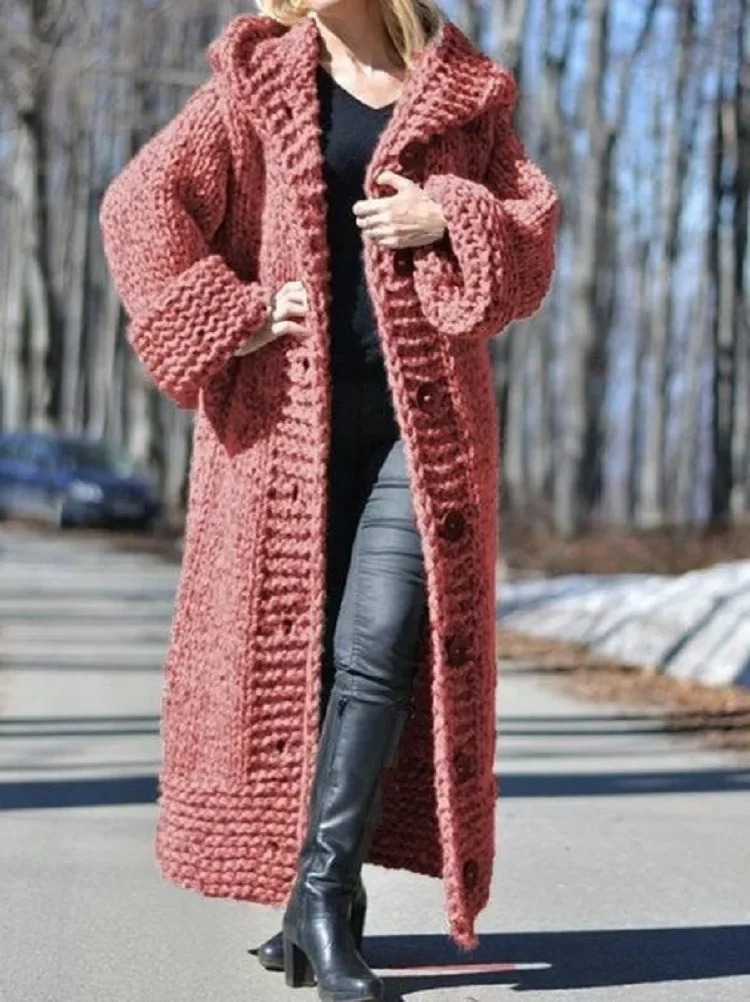 Cardigan Women Hooded Knit Sweater Thick Coat Button Long Jumpers Solid Elegant Loose Coats Jumpers Casual Lady Winter 250106