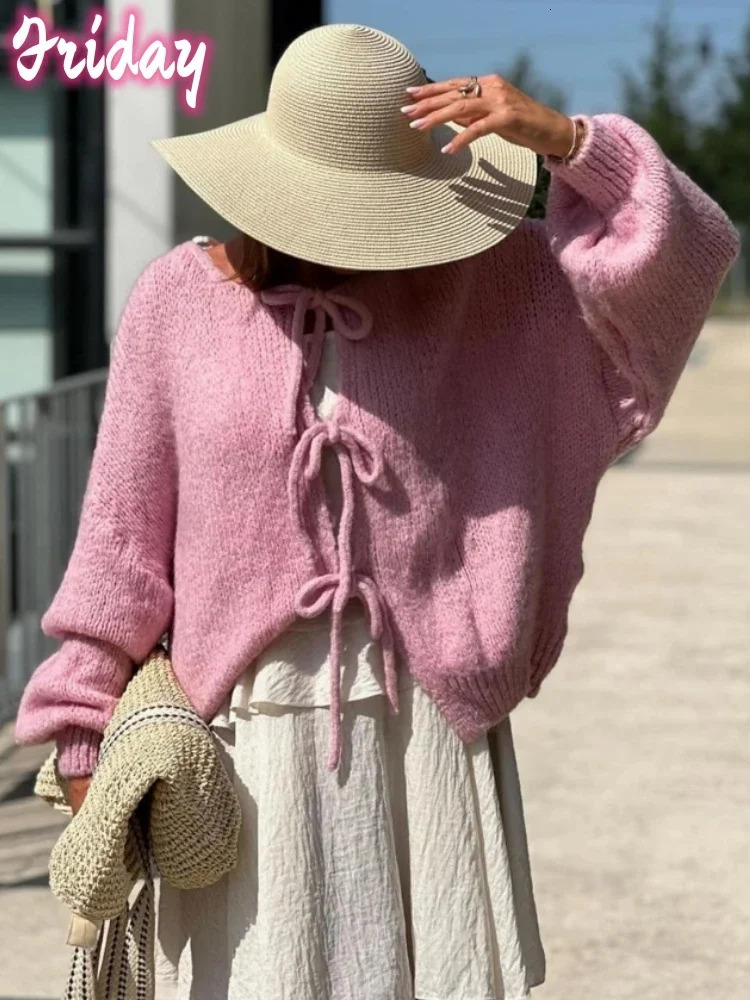 Womens Tie Front Bow Cardigan Sweaters Oversized Chunky Knit Cardigan Long Sleeve Open Front Loose Knitwears Bow Pink Tops 250106