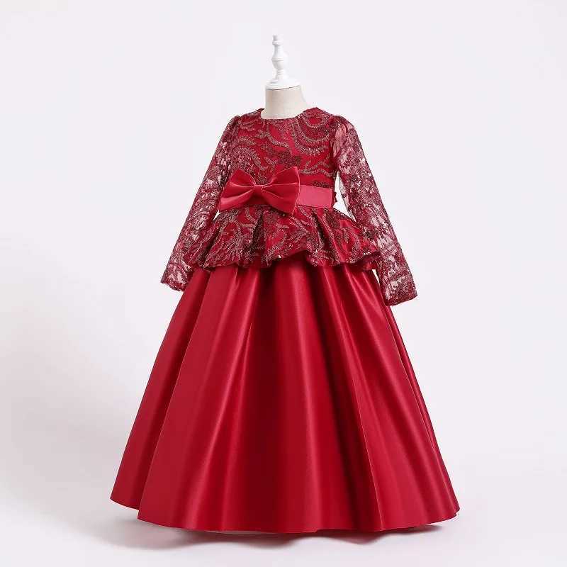 Fashion Childrens Satin Bow Printed Princess Dress Host Long Childrens Piano Performance DressXJ250108