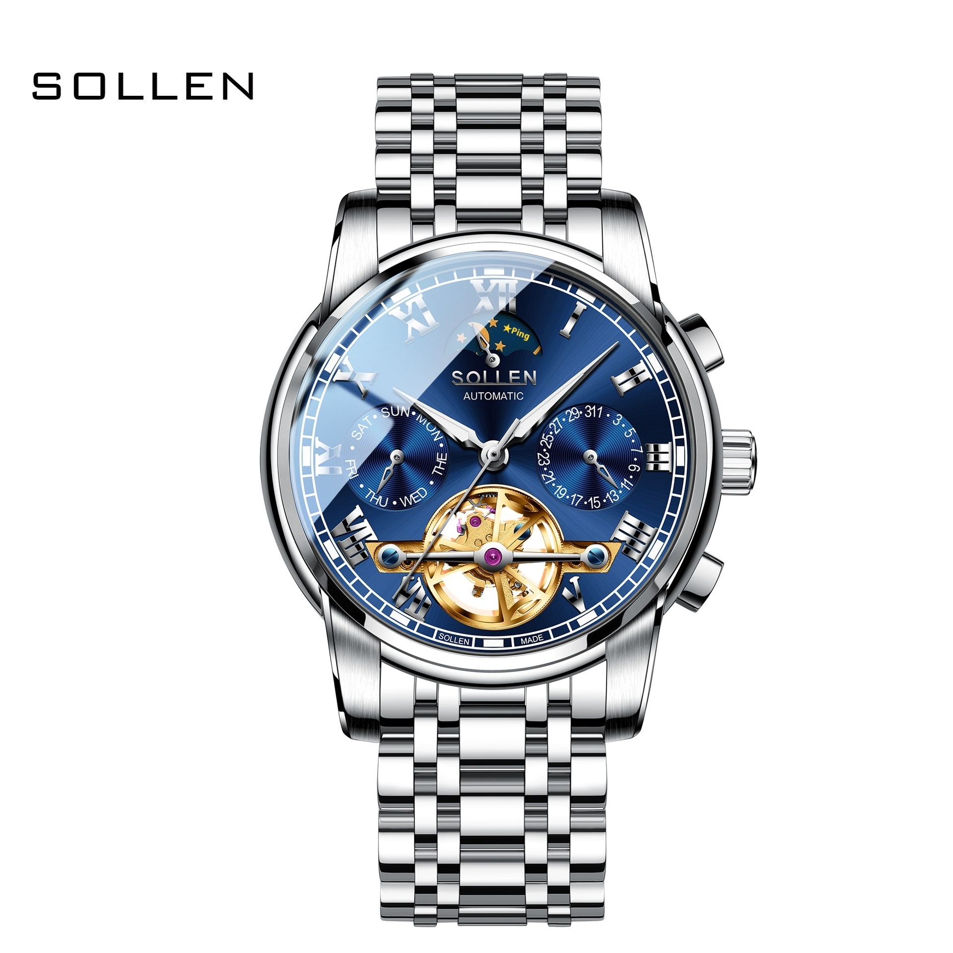 SOLLEN Stylish Automatic Full Steel Mechanical Flywheel Watch with Starry Sky Luminous Dial for Men