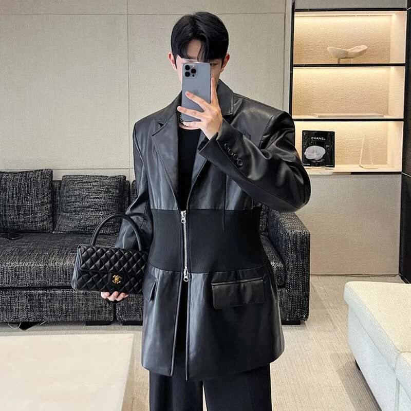 New Trendy Men's Knitted Splicing Design Leather Blazers Coat Double Zipper Shoulder Pad Suit Jacket High Street
