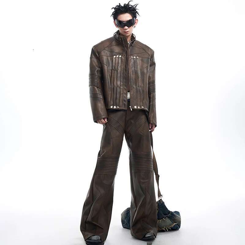 Liquid Design Pleated Leather Jacket Streetwear Elegance Motorcycle Clothing High End Pants Male New