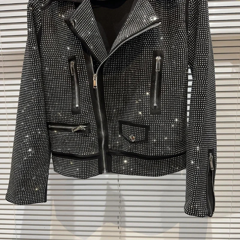 Autumn Shiny Oblique Zipper Full Diamonds Locomotive Bomber Jacket Turn Down Collar Sequined Coat Rhinestones Streetwear Tops 250109