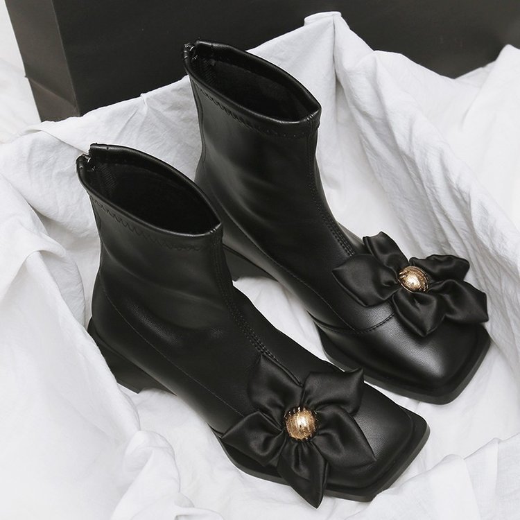 Women Boots Fashion French Gentle Style Niche Design Flower Korean Version Short Boots Square Toe Triple Black Khaki Free shipping