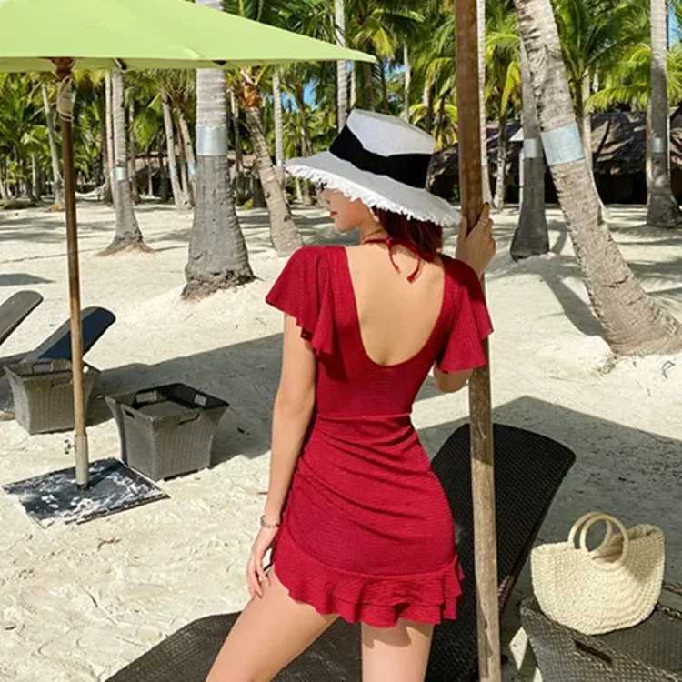 Swimsuit Women Summer V Neck One-piece Swimwear Fa Skirt Bathing Suit Push Up Slimming Korean SwimdrXJ240108