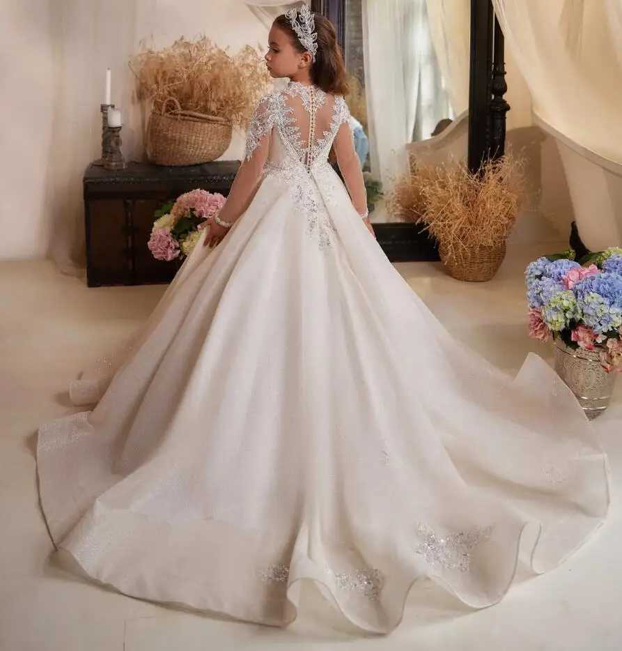 New Shining Flower Girl Dress For Wedding Lace Puffy Sequins Beading Full Sleeve Kids Birthday Par First Communion GownsXJ250108