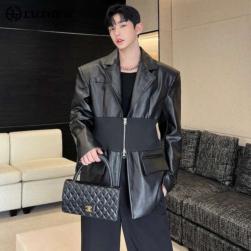 New Trendy Men's Knitted Splicing Design Leather Blazers Coat Double Zipper Shoulder Pad Suit Jacket High Street
