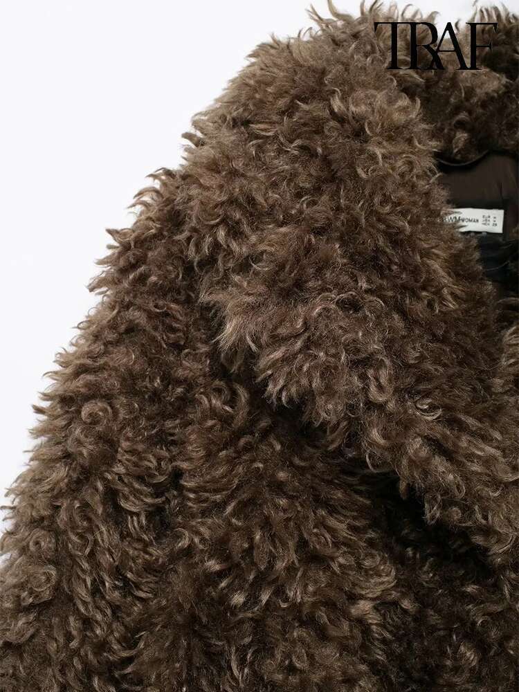 TRAF Women's Fashion 2024 Fall Winter Europe And The United States Retro Style Brown Faux Fur Effect Long-Sleeved Lapel Coat