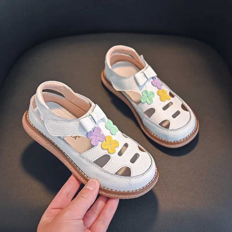 Real leather girls sandals fashionable decals summer childrens shoes cowhide leather baby beach sandals W250108