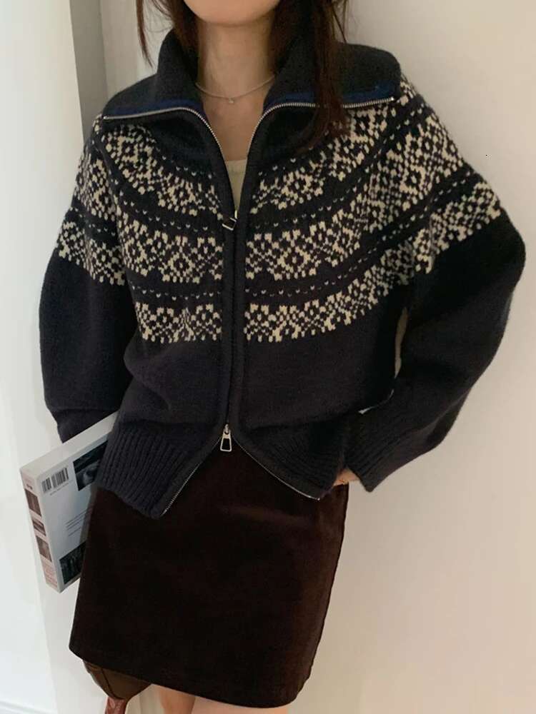 Vintage Womens Cardigans Casual Long Sleeve Chunky Fall Winter Button Down Fair Isle Cardigan Sweaters Zipper Knit Tops