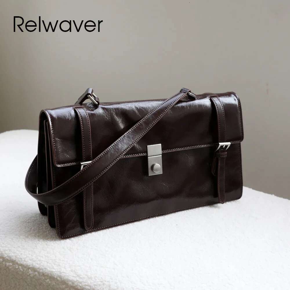 Relwaver Women Shoulder Bag Waxy Genuine Cow Leather Bags 2025 Spring Summer Accordion Side Flap Fashion Big Handbags