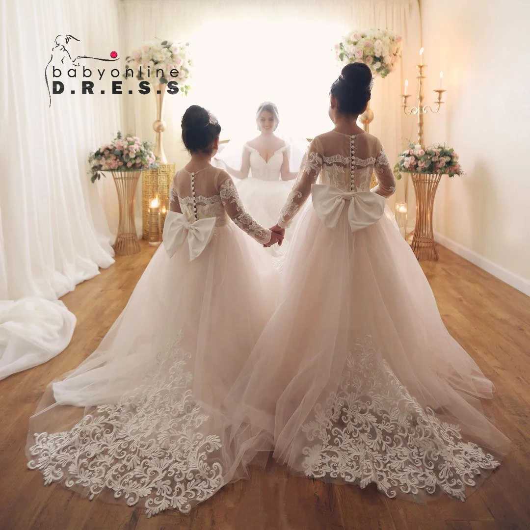 BABYONLINE Long Sleeve Flower Girl Dresses For Wedding Guest Kids Bridesmaid With Bow White Ivory Lace Tulle First CommunionXJ250108