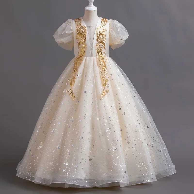 Fashoin Flower Girl Dresses for Weddings Mesh Lace Short Sleeve Kids Dresses for Girls Summer Girls Par Dress 4-14 YearsXJ250108