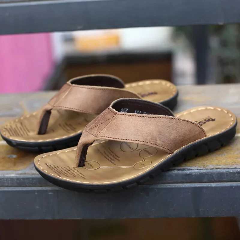 New Arrival Summer shoes mens slippers leather mens flip flat mens sandals holiday non slip black khaki A673 T250108