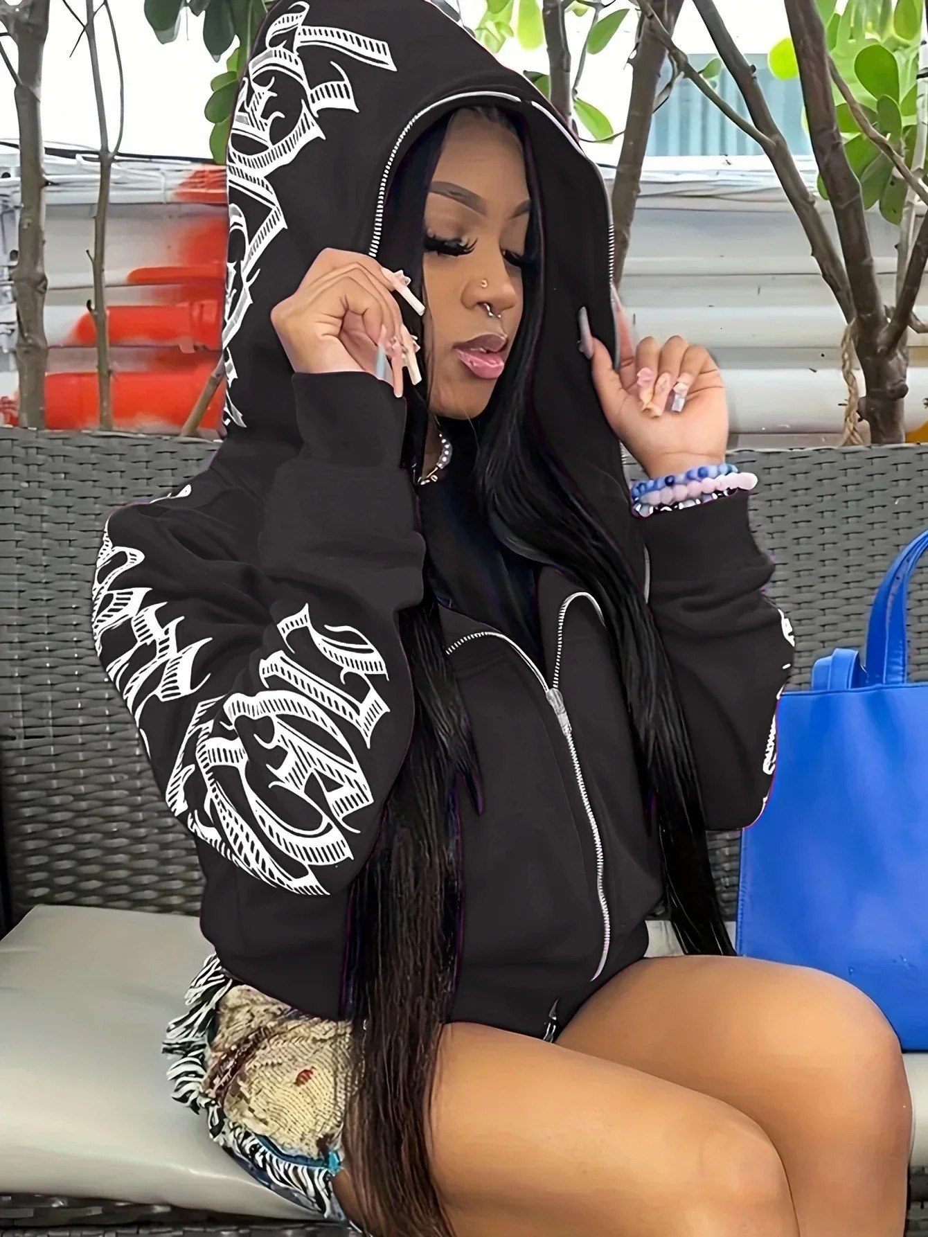 Winter Letter Printed Zip Up Hoodie Streetwear Women Cyber Y2k Jackets Cardigan Gothic Punk Clothes Sweatshirts 250108