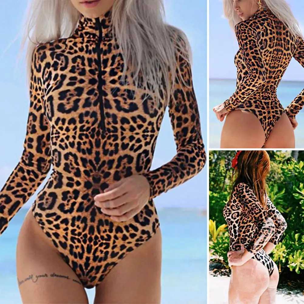 Women Surfing Swimsuit opard Print Skinny One Piece Breathab Swimwear Soft Long Seves Stand Collar Lady Swimming PlaysuitXJ240108