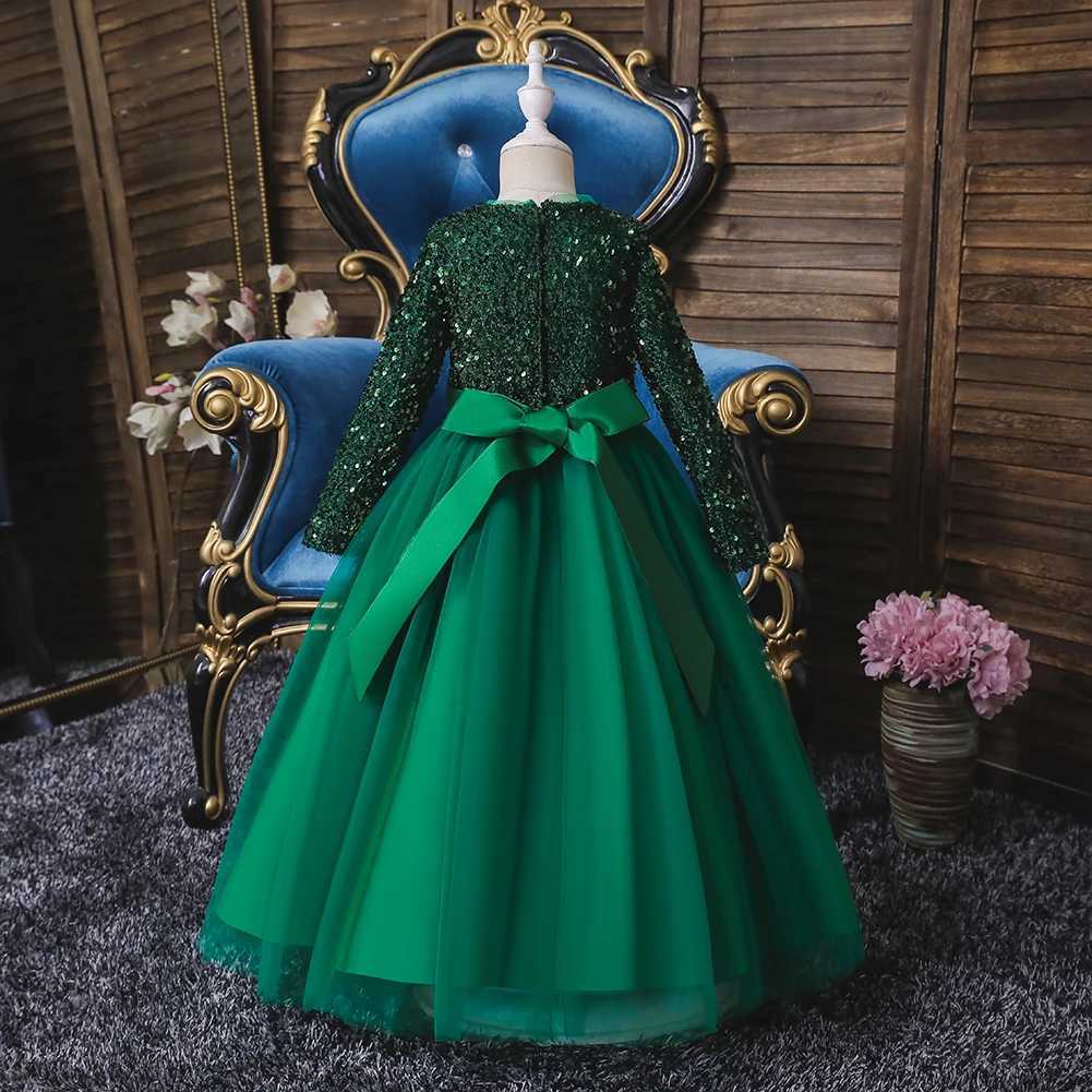 318 Girls Birthday Evening Dress Long Sleeve Sparkling Pong Skirt Flower Girl Wedding Dress Piano Performance DressXJ250108
