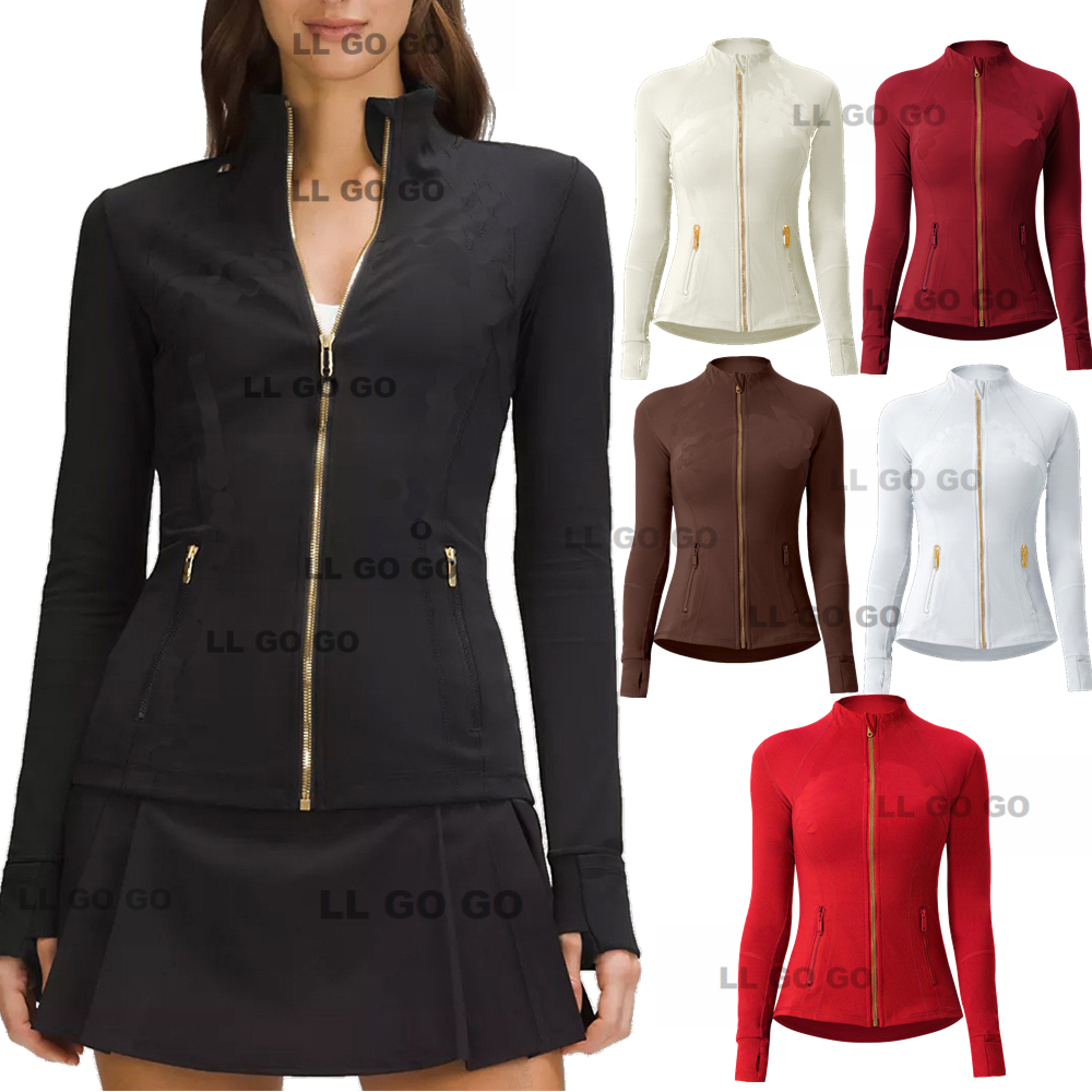 Women Yoga Jacket Define Gold Zipper Workout Sport Coat Fitness Gym Jacket Activewear Running Sports Top Solid Zip Up Training Sweatshirt Jogging Sportswear