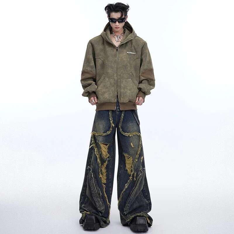 Fashion Wornout Splicing Burr Edge Design Street Denim Pants Men 2024 New Trendy Personalized Original Male Jeans