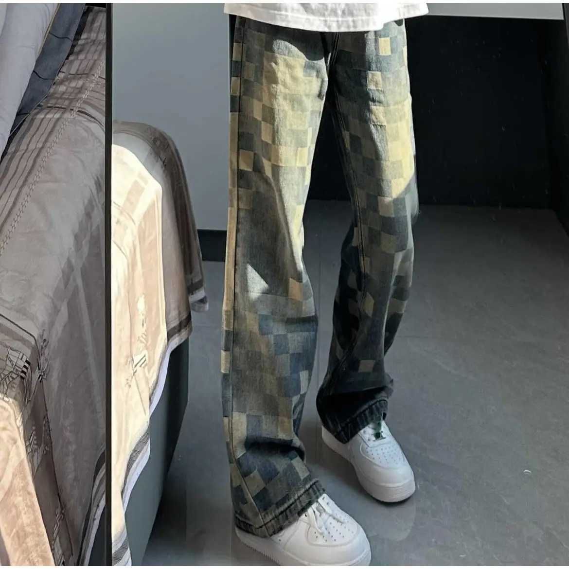 2025S Fashion Designer High Quality American Washed Retro Checkered Jeans For Couples Hip Hop Trend Straight Leg Personalized Loose Micro Striped Men 