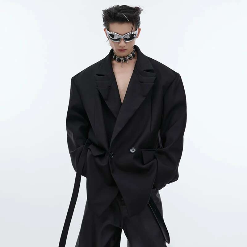 Fashion Pleated Design Solid Color Suit Jackets Original Elegant Trendy Korean Clothes Men's Blazers