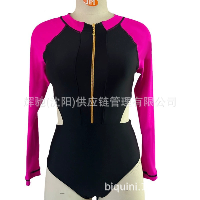 New Long Sleeved Sunscreen One Piece Color Block Tight Swimsuit Women's Sexy Beach Bikini Designer Swimsuit Sexy Bikini