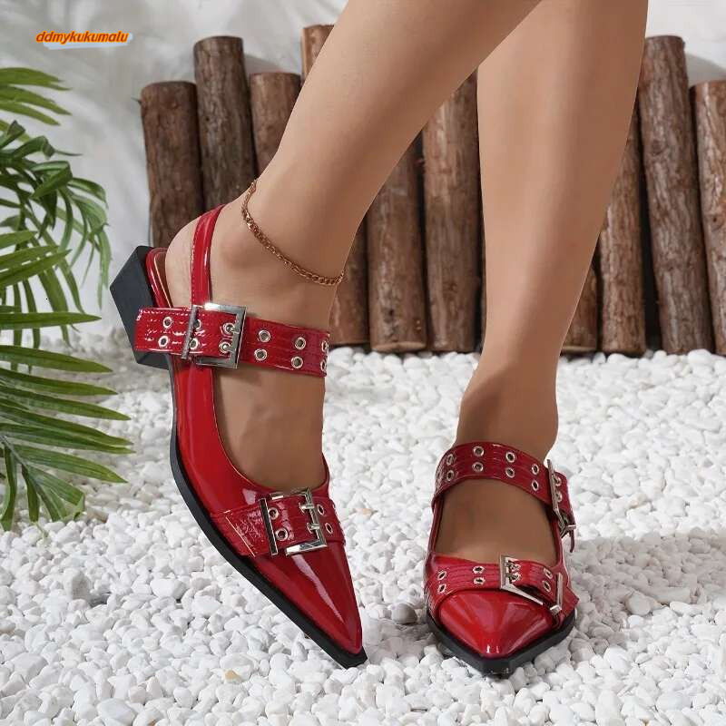 Fashion Patent Leather Rivet Metal Buckle Women Pumps Spring Summer Gothic Thick heeled Sgbacks Mules Girls Shoes atos ddmykukumalu