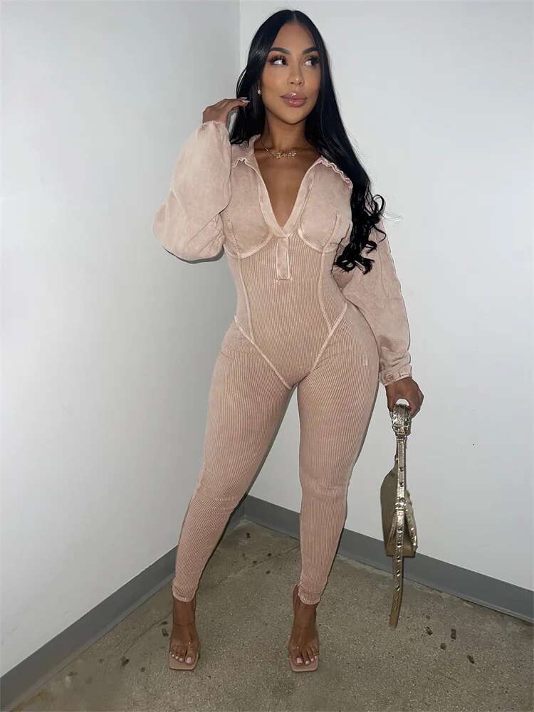 Weird Puss Washed Distressed Jumpsuit Women Ribbed V-Neck Solid Skinny Long Sleeve Fall Casual Trend Simple Activity Streetwear