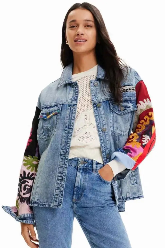 Spanish foreign trade womens denim jacket printed y process long sleeve stitching 250109