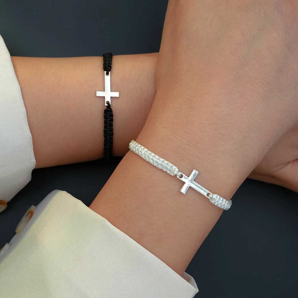 Tren Black White Cross Bracelets for Women Men Faith Btism Couple Gift Silver Color Rope Chain Matching Bracelets JewelryXJ250109
