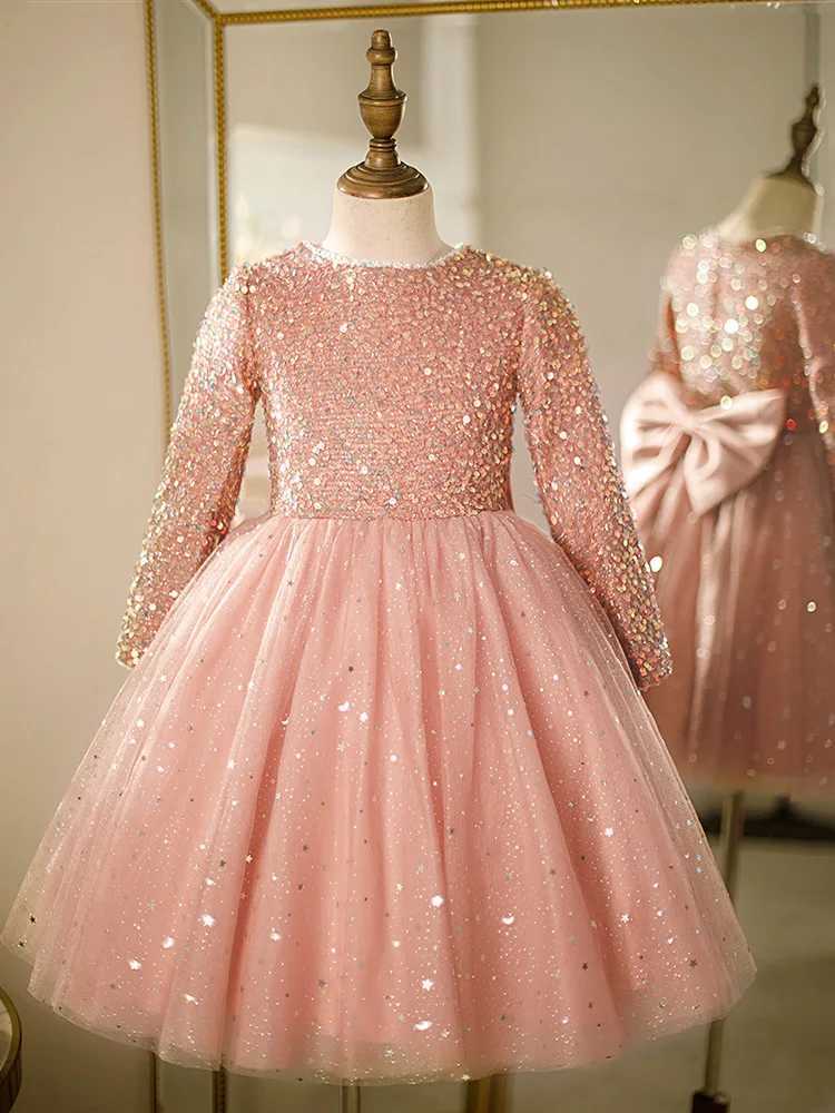 Sequin Flower Girl Dress For Wedding Princess Shining Pink Tulle Puffy With Bow Cute Kids Baby Birthday Par Dress Ball GownXJ250108