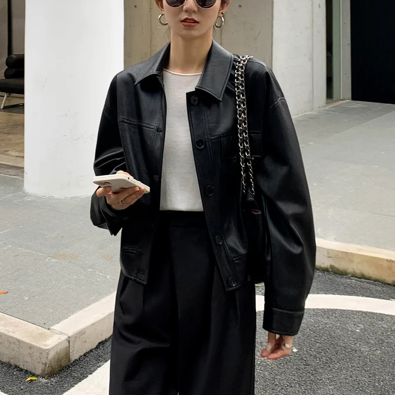Black Cropped Leather Jacket Women Korean High Street Blazers Vintage Streetwear Moto Bike Autumn 250109