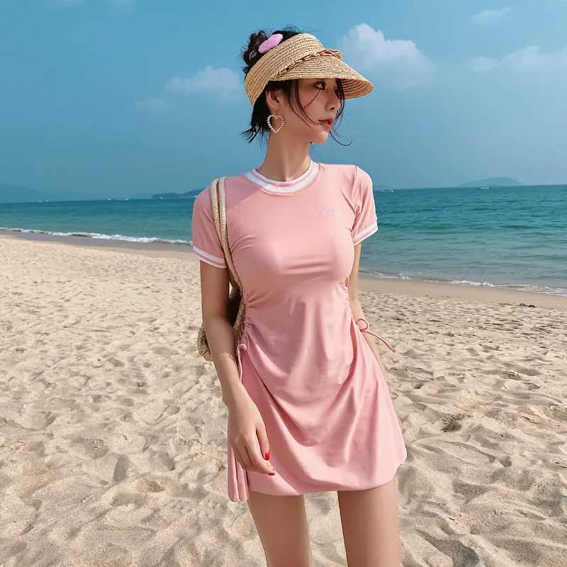 2023 Korean Sexy Drawstring Short Seve Swimwear Woman One Piece Swimsuit Lady Large Size Bathing Suit Beach SwimskirtXJ240108
