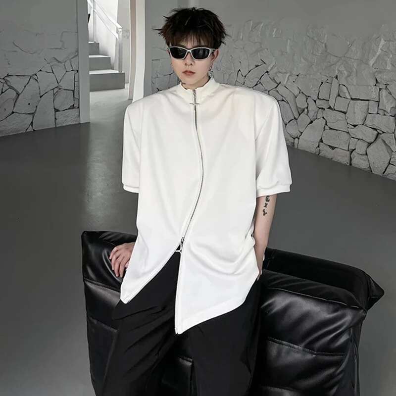 Fashion New Double Zipper Design Short Sleeve Tops Men's High Street Trendy Original Solid Color Male T-Shirt
