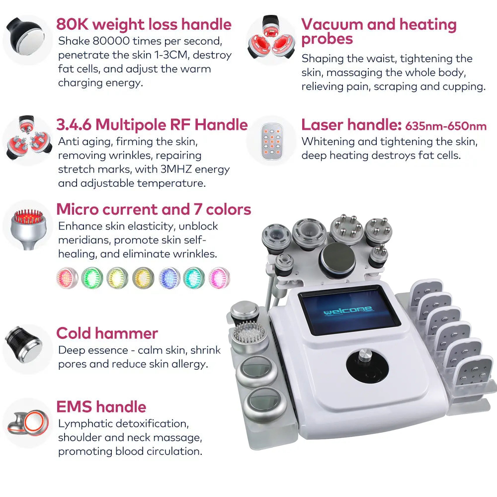 New Multi-effect Non-invasive Weight Loss 80K Cavitation Upgrade Vacuum RF Radiofrequency Skin Tightening 12 in 1 EMS Lymphatic Drainage Body Massage 