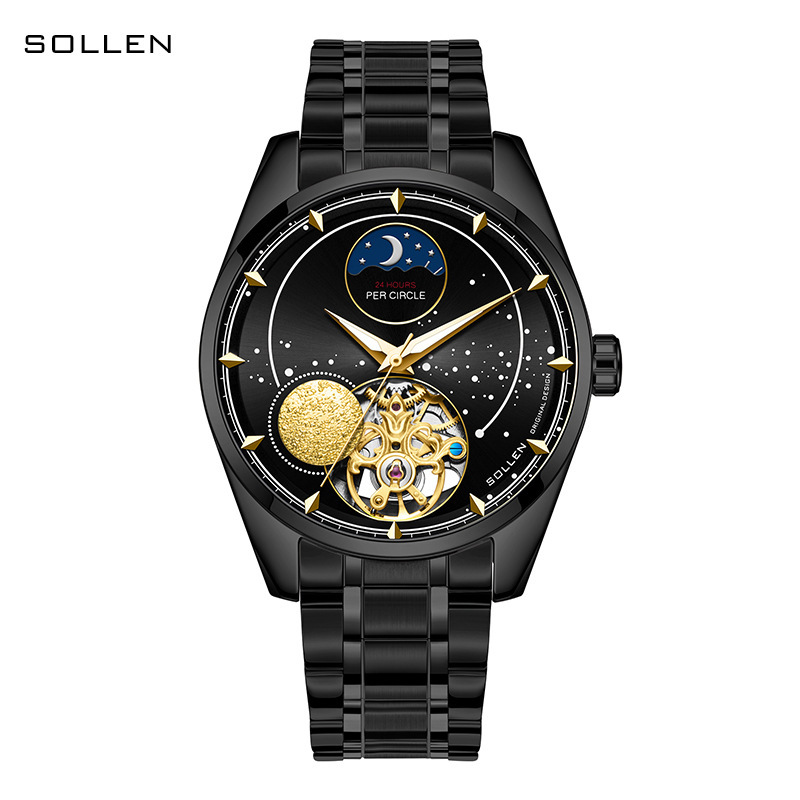 Men's Star Moon Design Automatic Mechanical Watch with Stainless Steel Band