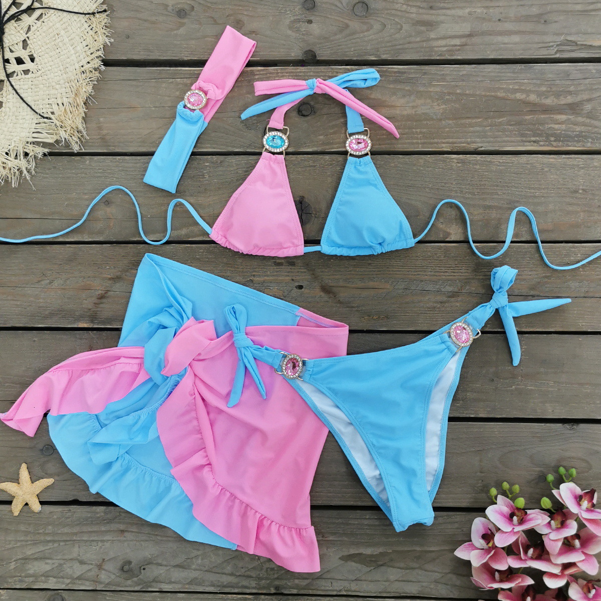 2025 new solid color splicing three-point bikini short skirt three piece set split designer women's swimsuit 2025 new