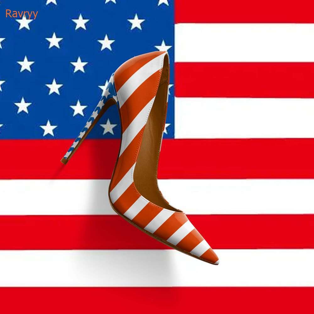 American Flag Prints Thin Heels Pointed Toe Patent Leather Women Slip On Pumps Shallow Party Fashion Shoes