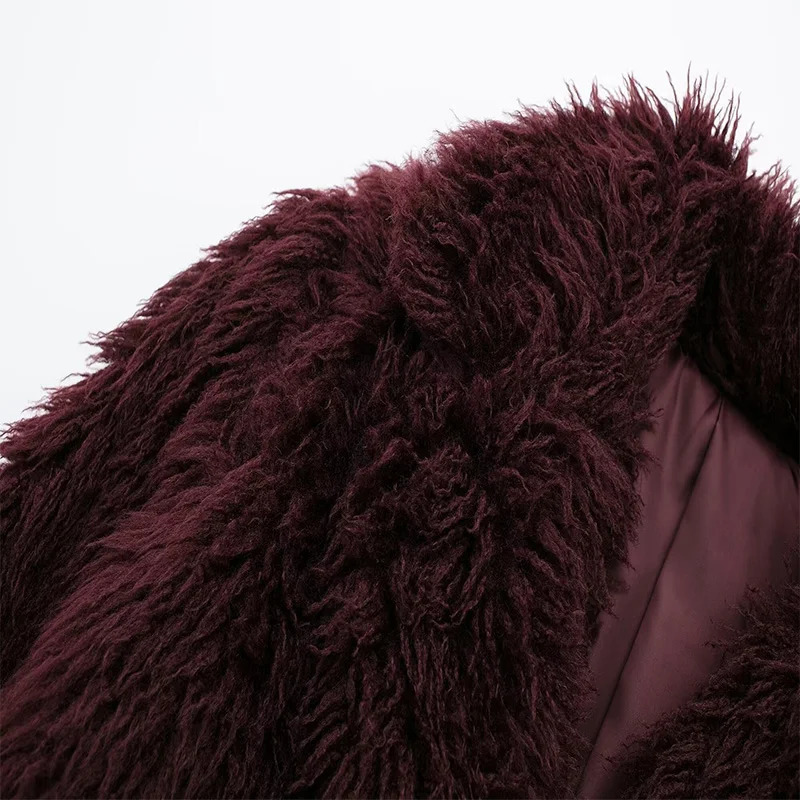 Koekop Womens Fashion Burgundy Asymmetric Thick Collar Fur Coat Vintage Casual Chic Temperament Lady Short Jacket 250103