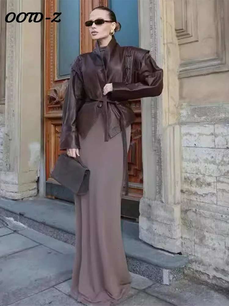 Faux Leather Brown Women Jackets Belt Lace Up Lapel Female Coat Vintage Casual Autumn One Button Long Sleeve Lady Outwear