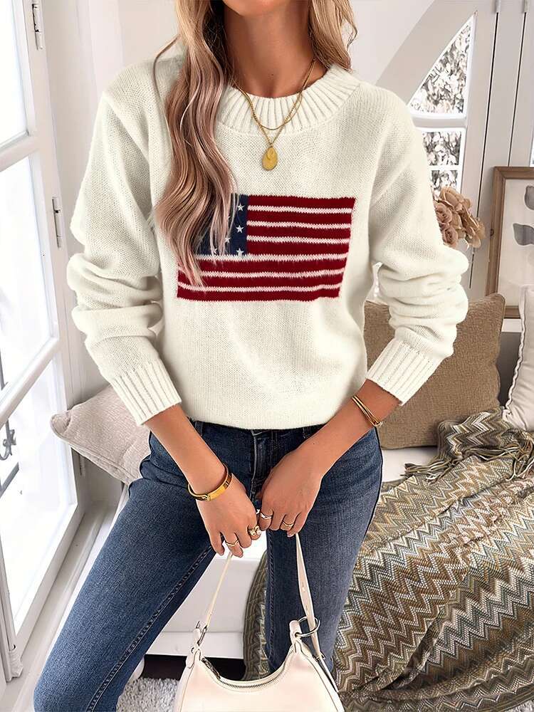 Plus Size Autumn And Winter New National Flag Pattern Women's Comfortable Loose Casual Sweater