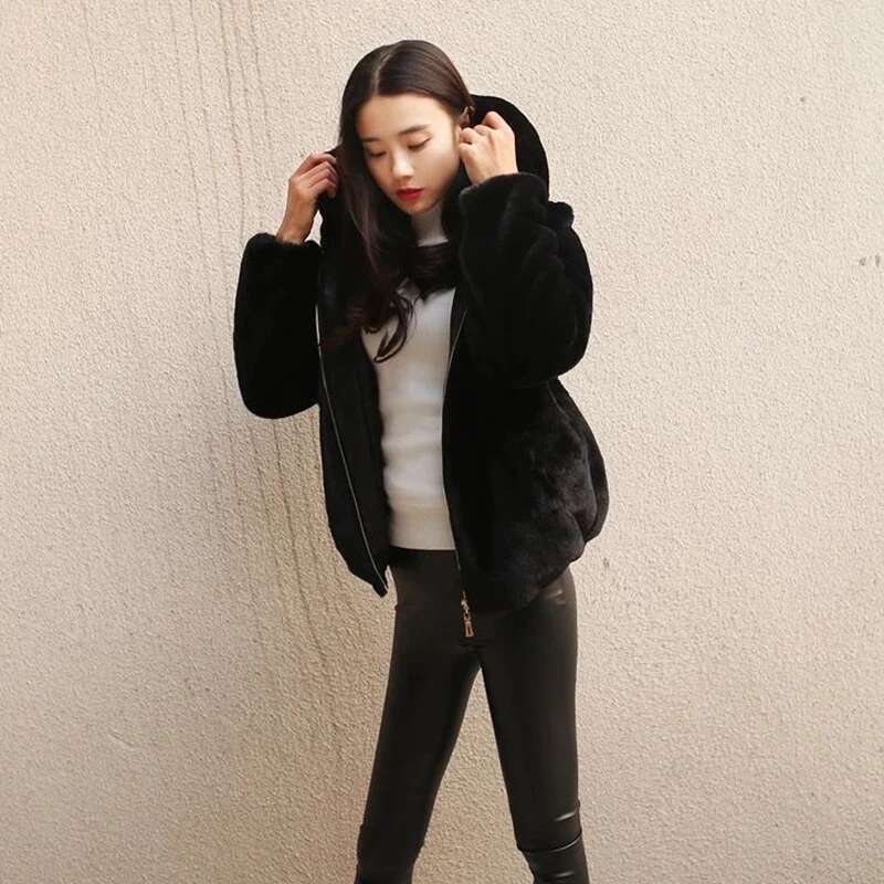 Lucyever High Quality Rabbit Hooded Coat Women Black Faux Fur Jacket Female Winter Zip Thick Warm Furry Coats