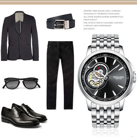 SOLLEN Men's Automatic Mechanical Watch with Skeleton Dial and Leather Strap