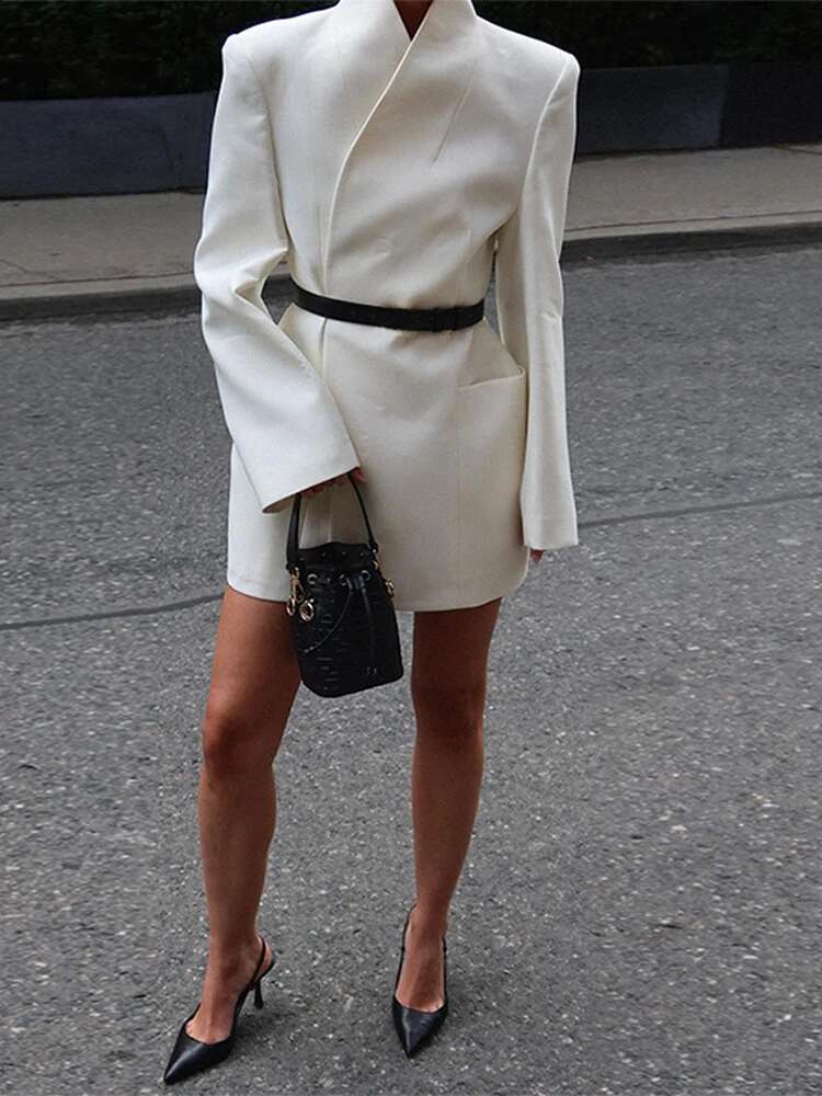Elegant White Stand Collar Double Pocket Jacket Women Fashion Long Sleeves Cuff Buttons Blazer 2024 Autumn Office Lady Outwear